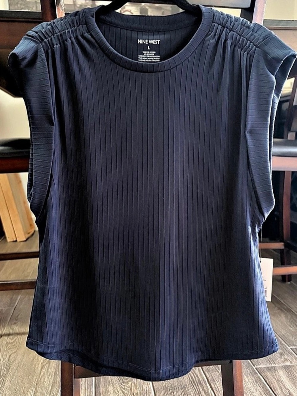 Nine West ribbed Short Sleeve Top in NavyBlue Large NWT